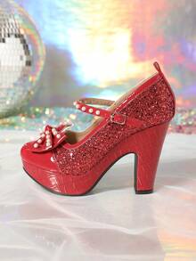 Giày cao gót sườn xám đính ngọc trai và đá giả, đế dày chống thấm nước, giày dự tiệc sang trọng quai đơn cho nữ - Đỏ - Xem 6