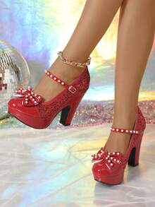 Giày cao gót sườn xám đính ngọc trai và đá giả, đế dày chống thấm nước, giày dự tiệc sang trọng quai đơn cho nữ - Đỏ - Xem 3