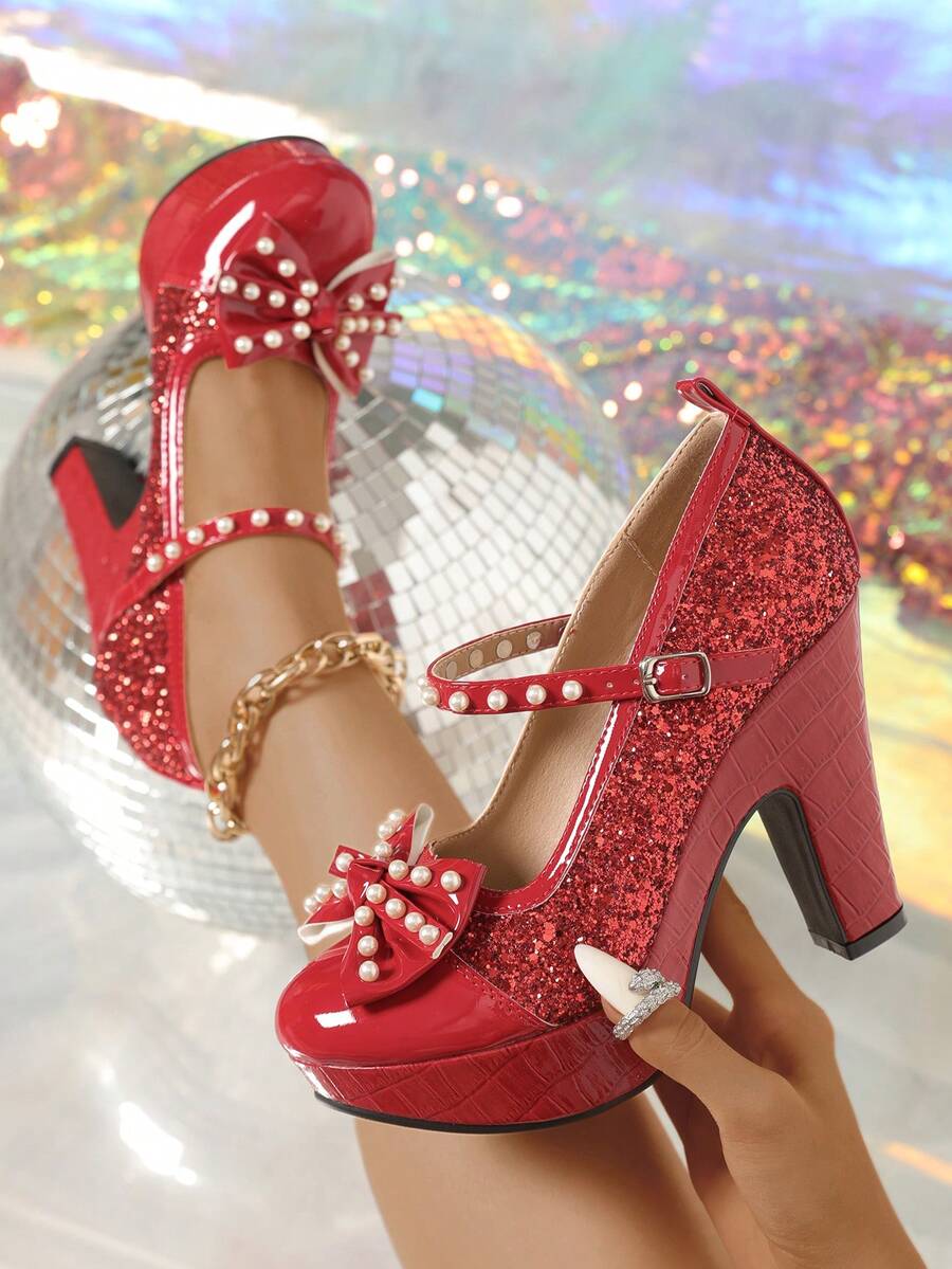 Giày cao gót sườn xám đính ngọc trai và đá giả, đế dày chống thấm nước, giày dự tiệc sang trọng quai đơn cho nữ - Đỏ - Xem 1