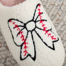 Christmas Gift Women Warm Embroidered Cute Bow Pattern Fluffy Slide Slippers With Baseball Elements, Thick Sole Sports Sandals