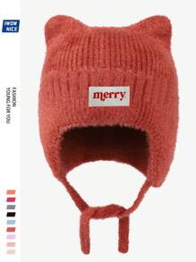 Christmas "Merry" Bear Ear Beanie Hat, Unisex, Warm & Soft Fleece Cap With Ear Protection, Windproof Tie Closure Knitted Hat For Outdoor Activities Like Winter, Ski, Cycling, Running, Hunting, Great Christmas & Halloween Gift For Family And Friends