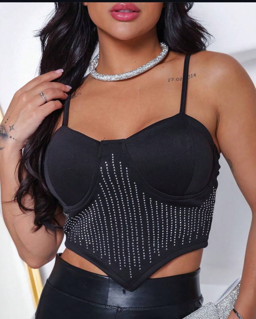 CROPPED BLOUSE WOMEN'S CORSET NEOPRENE FASHION STRASS SHINE - màu đen - Xem 1