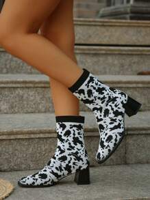 New European & American Fashion Leopard Print Short Mid-Heel Chunky Heel Stylish Versatile Ankle Boots For Women, Plus Size, Winter - Zebra Print - View 2