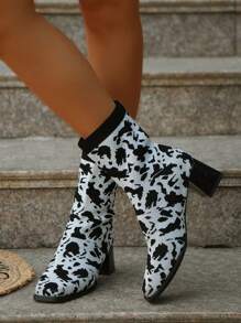 New European & American Fashion Leopard Print Short Mid-Heel Chunky Heel Stylish Versatile Ankle Boots For Women, Plus Size, Winter - Zebra Print - View 7