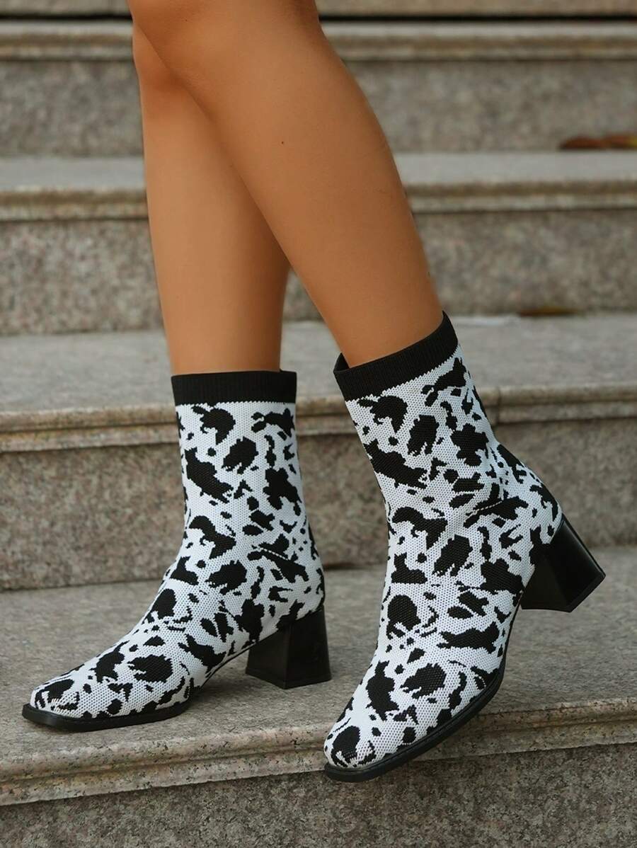 New European & American Fashion Leopard Print Short Mid-Heel Chunky Heel Stylish Versatile Ankle Boots For Women, Plus Size, Winter - Zebra Print - View 1