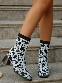 New European & American Fashion Leopard Print Short Mid-Heel Chunky Heel Stylish Versatile Ankle Boots For Women, Plus Size, Winter - Zebra Print - View 3
