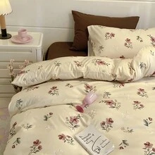 4 件套花卉/小猫可爱印花柔软舒适床上用品套装，包括 1 个羽绒被套、1 个床笠、2 个枕套 - 彩色 - 查看 15