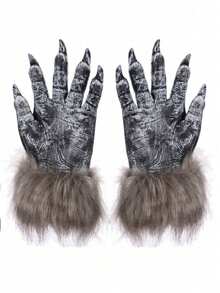 2 件男女通用万圣节狼人手套，恐怖狼毛茸茸服装手套，乳胶狼人爪子 - 多色 - 查看 1