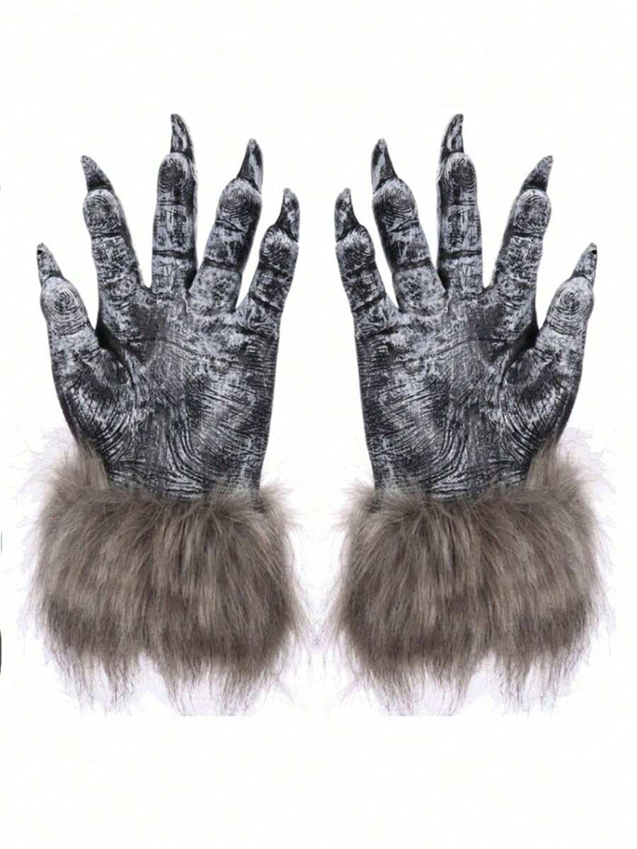 2 件男女通用万圣节狼人手套，恐怖狼毛茸茸服装手套，乳胶狼人爪子 - 多色 - 查看 1