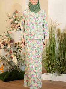 马来服装 Baju Kurung，女士朴素花卉随机印花圆领长袖上衣和直筒长裙套装