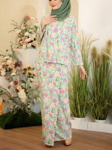 马来服装 Baju Kurung，女士朴素花卉随机印花圆领长袖上衣和直筒长裙套装