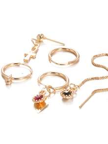 5 件/套十字链和红宝石耳环，复古环形耳环，适合日常佩戴，送给朋友的礼物 - 金色 - 查看 4