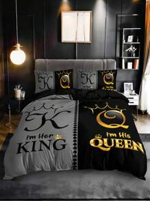 Set de 3 piezas de ropa de cama (1 funda de edredón sin relleno + 2 fundas de almohada sin núcleo), con estampado de alta definición en color negro y gris con diseño de corona, para uso en el hogar y dormitorio