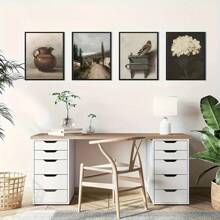 9 件套复古花卉油画风格墙面艺术海报，法式乡村风格风景，花瓶，鸟类，风景墙面装饰，无框，适合客厅