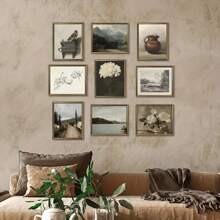 9 件套复古花卉油画风格墙面艺术海报，法式乡村风格风景，花瓶，鸟类，风景墙面装饰，无框，适合客厅