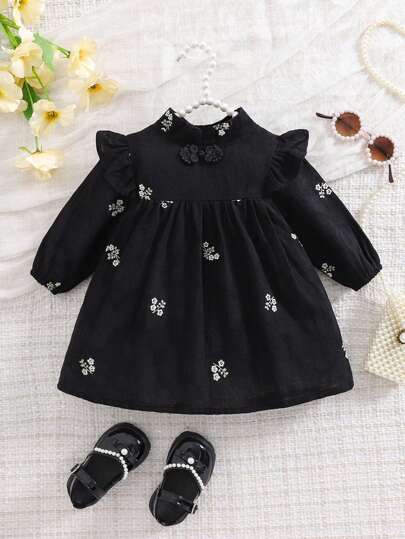 1pc Chinese Style Baby Girl Stand Collar Full Embroidery Dress, Elegant Palace Vintage Dress For Infant/Toddler, Spring Autumn Baby New Year Outfit, Baby Monthly Wear