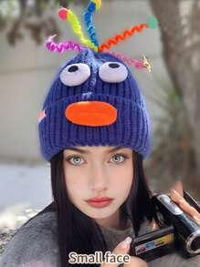 1 件女式卡通大嘴针织帽，冬季温暖蓬松厚耳罩绒球帽，休闲优雅复古街头时尚百搭滑雪户外适合外出、购物、滑雪、旅行、派对、日常使用