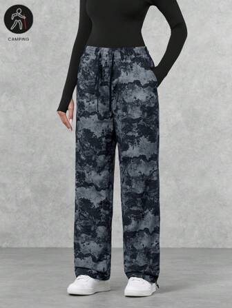 Elastic Waist Drawstring Pocket Casual Loose Printed Straight Leg Pants