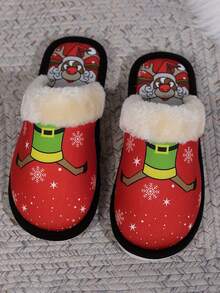 卡通印花毛绒家居拖鞋，软底平底舒适露趾防滑圣诞毛绒鞋 - 紅色 - 查看 2