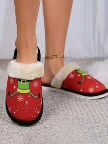 卡通印花毛绒家居拖鞋，软底平底舒适露趾防滑圣诞毛绒鞋 - 紅色 - 查看 3