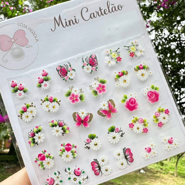 Mini Cartelão De Adesivos para Unhas 30 Unidades- Margaridas Rosas Festa Junina