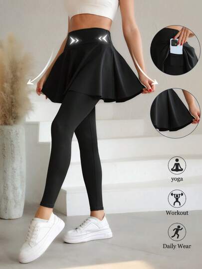 1 件女式短裙，适合瑜伽和网球，带裙子和口袋的紧身裤，女式运动装，舒适时尚的运动服，全长瑜伽裤，适合积极的生活方式，高腰设计适合健身爱好者