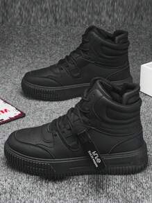 Men's Sneakers, New Autumn Winter Fashion Mid-Top Lace-Up Casual Thick Sole Increased Height Sneakers, Round Toe PU Leather Stylish Casual Skate Shoes, Unisex Geometric Patchwork Solid Color Outdoor Leisure Sports Shoes, Fashion Versatile Motorcycle Boots For Young Men