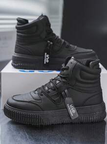 Men's Sneakers, New Autumn Winter Fashion Mid-Top Lace-Up Casual Thick Sole Increased Height Sneakers, Round Toe PU Leather Stylish Casual Skate Shoes, Unisex Geometric Patchwork Solid Color Outdoor Leisure Sports Shoes, Fashion Versatile Motorcycle Boots For Young Men