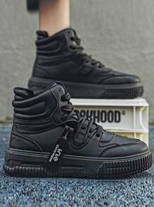 Men's Sneakers, New Autumn Winter Fashion Mid-Top Lace-Up Casual Thick Sole Increased Height Sneakers, Round Toe PU Leather Stylish Casual Skate Shoes, Unisex Geometric Patchwork Solid Color Outdoor Leisure Sports Shoes, Fashion Versatile Motorcycle Boots For Young Men