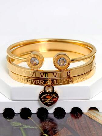 Fashion Classic 18K Gold Plated Waterproof Stainless Steel Roman Numeral Double Heart Bracelet For Women, European And American Style Leisure Party & Wedding Jewelry Valentine's Day Gift Valentines