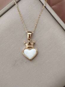 MECYLIFE 1入組簡單不鏽鋼傾斜心形女士項鍊 - 皇冠心 - 查看 11