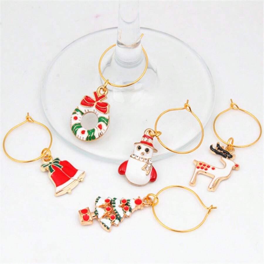 18pcs Random Romantic Christmas Deer Stemmed Glass Pendant Decorations, Christmas Holiday Wine Glass Charms, Christmas Party Cup Identifiers - Multicolor - View 1