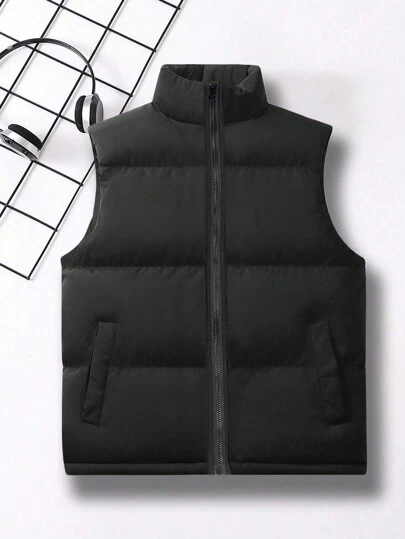 1 件装青少年男孩宽松休闲日常纯色加厚立领背心夹克