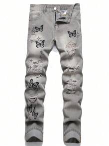 Men's Fashion Ripped, Color Blocking Casual Jeans - Grey - View 1