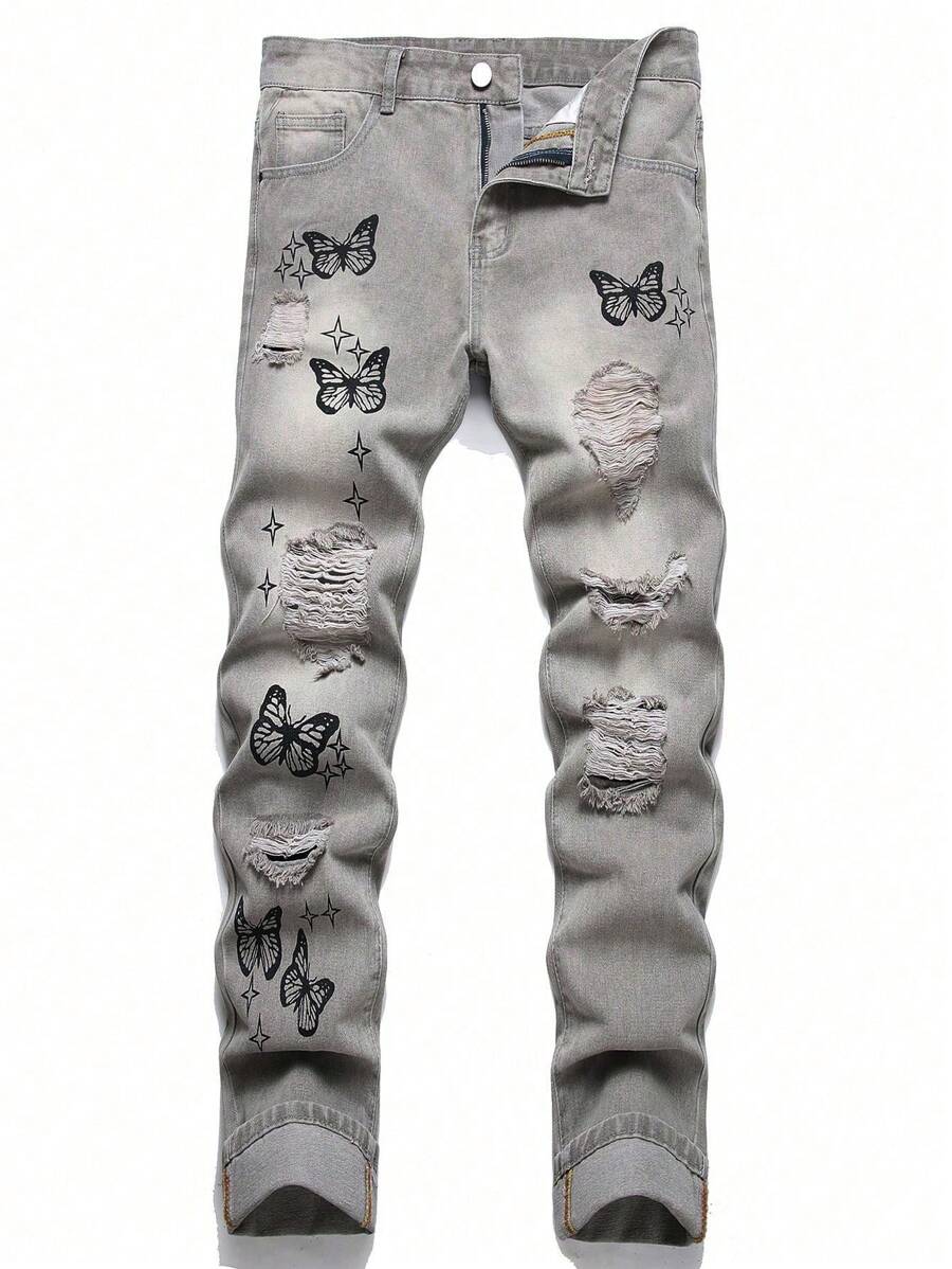 Men's Fashion Ripped, Color Blocking Casual Jeans - Grey - View 1