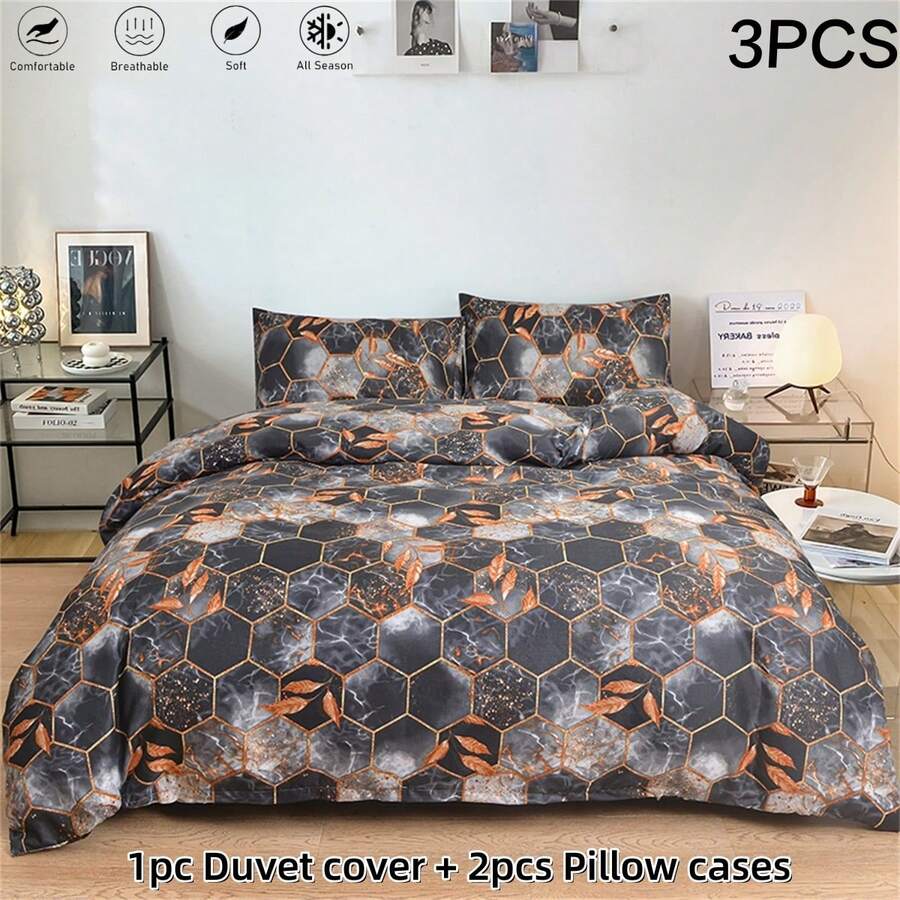 Bộ 3 vỏ chăn mềm họa tiết lục giác kiểu Play Style, gồm 1 vỏ chăn, 2 vỏ gối cho giường đôi/giường đôi/giường Queen/giường King/giường California King - Chống co rút và phai màu - Mềm mại và thân thiện với da/Dễ chăm sóc, bộ đồ giường phòng ngủ đa năng bốn mùa