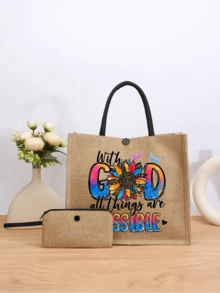 Bộ 2 túi vải bố dung tích lớn, túi đeo vai in chữ, túi xách thường ngày cho nữ, túi mua sắm & túi quà tặng, bộ túi vải bố, túi đeo vai in chữ, túi mua sắm dung tích lớn có ví đựng tiền xu, quà tặng hàng ngày - Màu Khaki - Xem 3