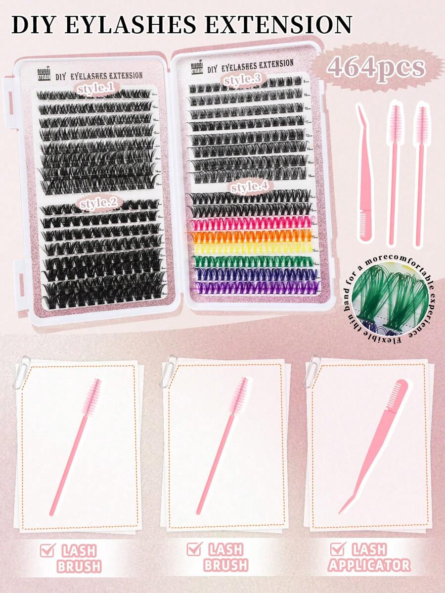 464pcs DIY Eyelash Extension Kit, Includes Long Stem Lashes In 4 Styles