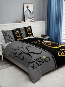 Set de 3 piezas de ropa de cama (1 funda de edredón sin relleno + 2 fundas de almohada sin núcleo), con estampado de alta definición en color negro y gris con diseño de corona, para uso en el hogar y dormitorio