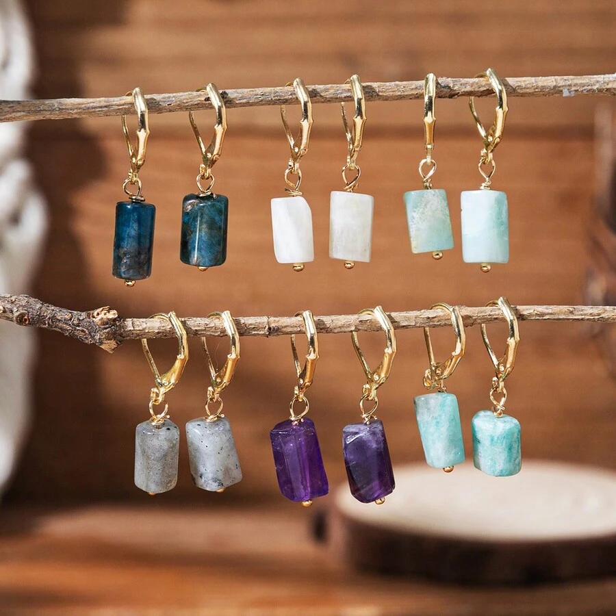 1 Cặp Bông tai thời trang đính đá pha lê vuông cắt đá tự nhiên phong cách Bohemian, mã não, fluorite cho nữ - Nhiều màu - Xem 1