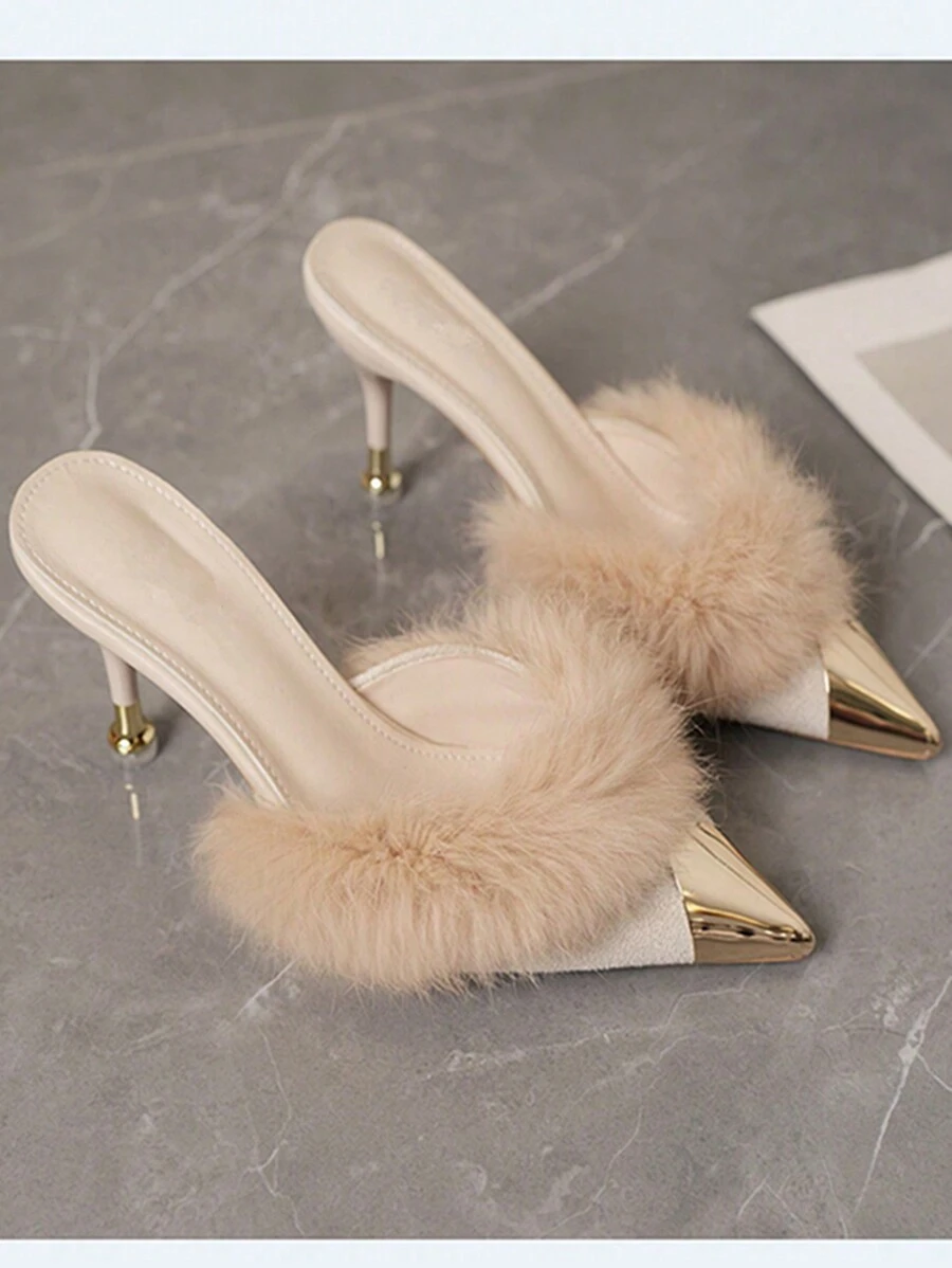 Ciabatte da donna con tacco, decorate con pelliccia, punta affusolata, senza retro, stile scivolato. Mule di moda casual per autunno/inverno, sexy, scarpe con tacco per donna, eleganti, adatte per outfit da festa.
