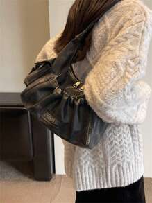 Korean Version Simple Niche Solid Color Black Vintage Texture Women's Bag Autumn And Winter New Fashion Handbag, Casual Versatile Commuting Travel Large Capacity Shoulder Bag
