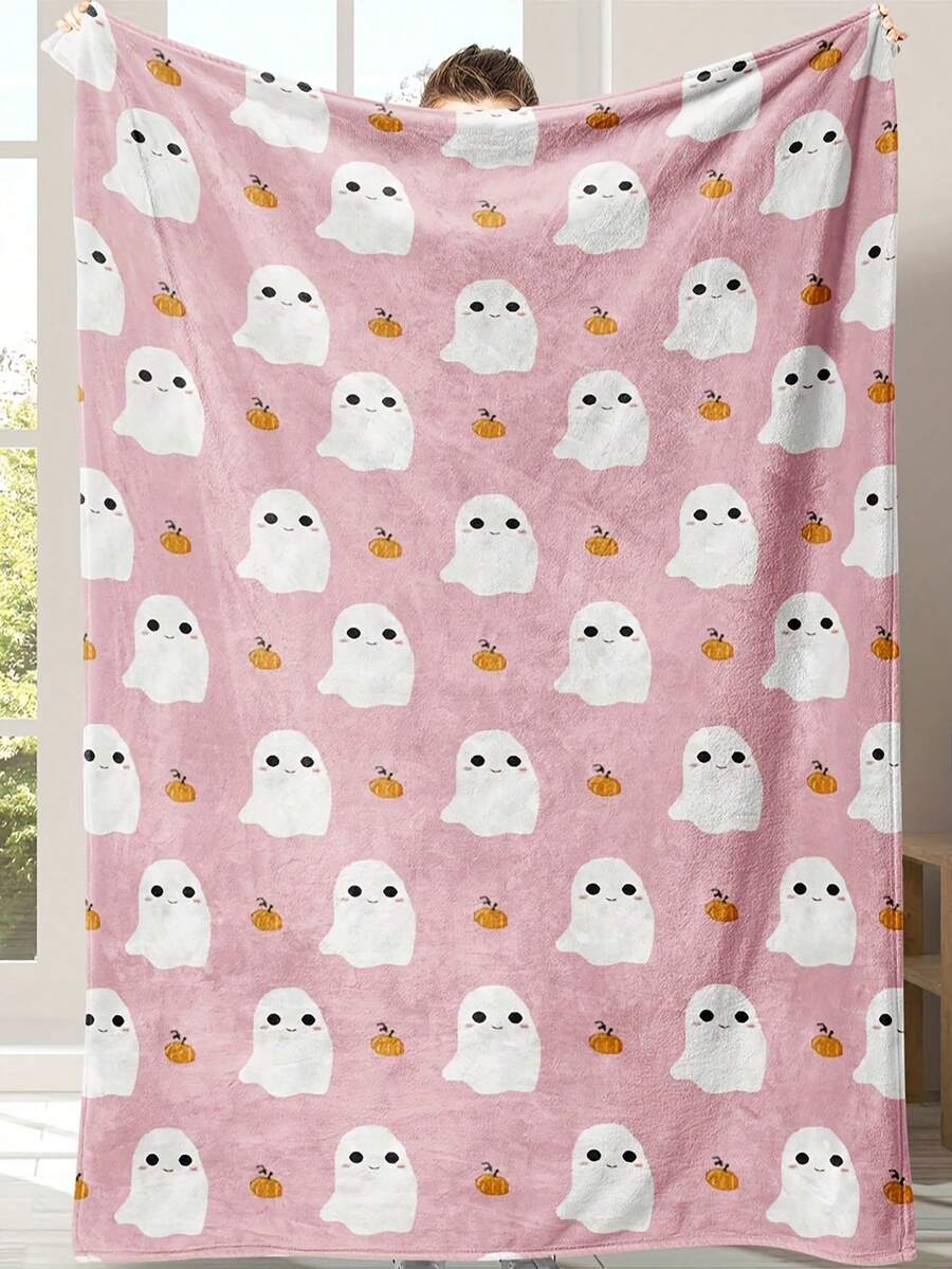 1 件可爱幽灵和南瓜灯图案柔软舒适法兰绒毯子、沙发盖毯，是送给家人和朋友的完美日常休息礼物 - 彩色 - 查看 1