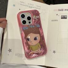 双层卡通女孩插画手机壳适用于 iPhone 16 Pro Max / 15 Pro Max / 14 Pro / 13 / 12，粉色 - 粉色 - 查看 4