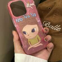 双层卡通女孩插画手机壳适用于 iPhone 16 Pro Max / 15 Pro Max / 14 Pro / 13 / 12，粉色 - 粉色 - 查看 2