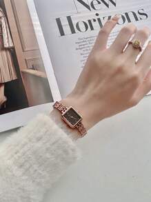 1pc Square Rose Gold Stainless Steel Quartz Watch With Bracelet, Fashion Casual Wristwatch For Daily