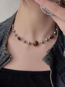 1 件天然虎眼石串珠项链，时尚锁骨毛衣链吊坠配饰，男女皆宜 - 石串珠項鍊 - 查看 2