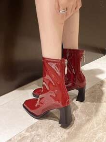 新款大码女式高跟踝靴，舒适粗跟软底修身时尚百搭短靴，法式设计方头短靴 - 紅色 - 查看 3