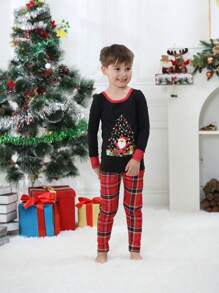 Set de 2 piezas de pijamas navideños ajustados a juego para niños preadolescentes - Parte superior e inferior de manga larga con estampado de Papá Noel y cuadros, conjunto de ropa de descanso cómoda para días festivos - Negro - Ver 4
