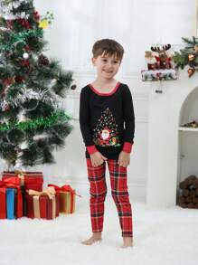 Set de 2 piezas de pijamas navideños ajustados a juego para niños preadolescentes - Parte superior e inferior de manga larga con estampado de Papá Noel y cuadros, conjunto de ropa de descanso cómoda para días festivos - Negro - Ver 5